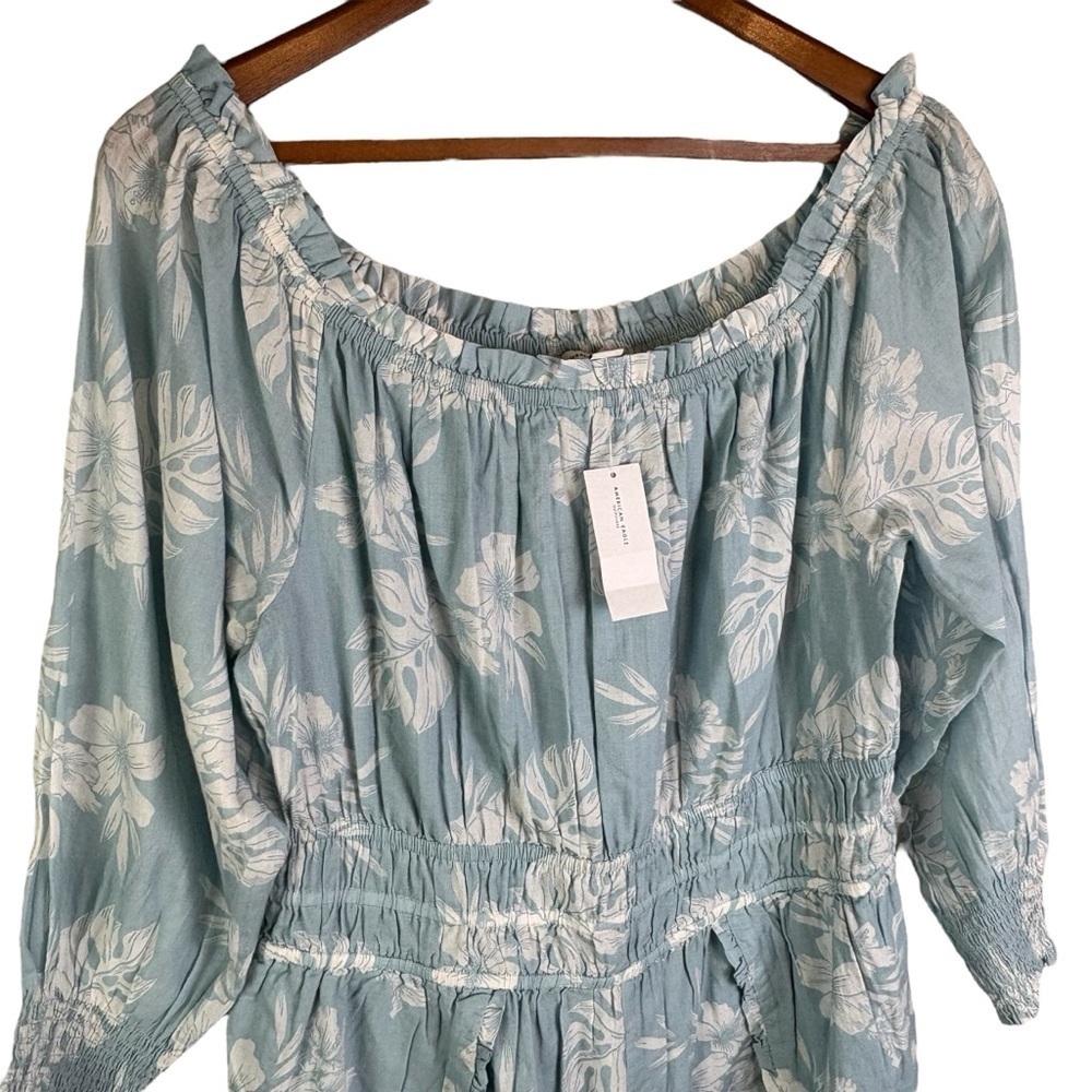 American Eagle Smocked Floral Romper Size XL Pockets 3/4 Sleeve Blue NEW - Picture 2 of 11